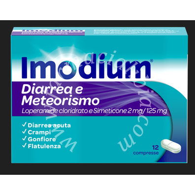 Imodium diarrea e meteorismo 2 mg/125 mg compresse  loperamide cloridrato, simeticone  medicinale equivalente 12 compresse in blister pctfe/pvc/al/pet/carta