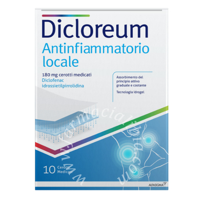 Dicloreum antinfiammatorio locale 180 mg cerotti medicati  diclofenac idrossietilpirrolidina cerotto medicato, 10 cerotti