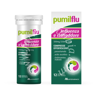 Pumilflu influenza e raffreddore 500 mg/250 mg/2 mg compresse effervescenti  paracetamolo, acido ascorbico, clorfenamina maleato 12 compresse in tubo pp