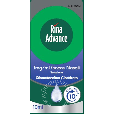 Rinaadvance 1 mg/ml gocce nasali, soluzione  rinaadvance 1 mg/ml spray nasale, soluzione  xilometazolina cloridrato soluzione 1 flacone da 10 ml