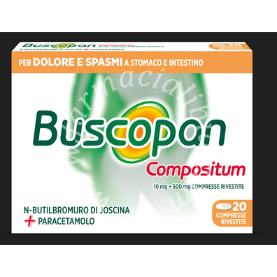 Buscopan compositum 10 mg + 500 mg compresse rivestite  n-butilbromuro di joscina + paracetamolo 20 compresse in blister al/pvc